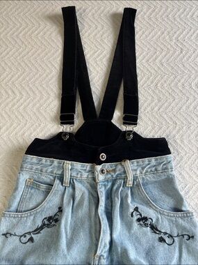 Vtg Jordache Rare Beaded Floral Jeans Velvet Suspenders 90s Youth 14 Womens 26
